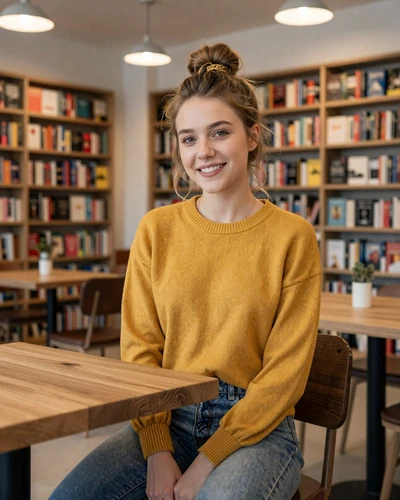 Barbora, 24-year-old Slovakian woman from Trenčín with light brown hair smiling in a cozy bookshop cafe