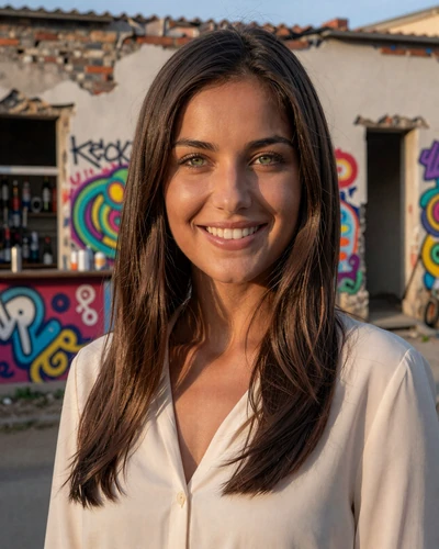 Reka, 27-year-old Hungarian woman from Budapest with dark brown hair and green eyes smiling warmly