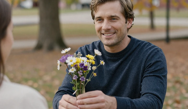 American man offering wildflowers to a Slavic woman on a romantic autumn date in the park