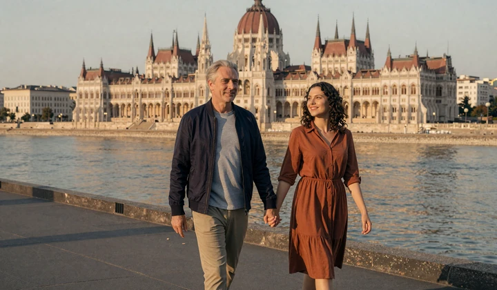 Couple with age gap walking across the Chain Bridge in Budapest at golden hour