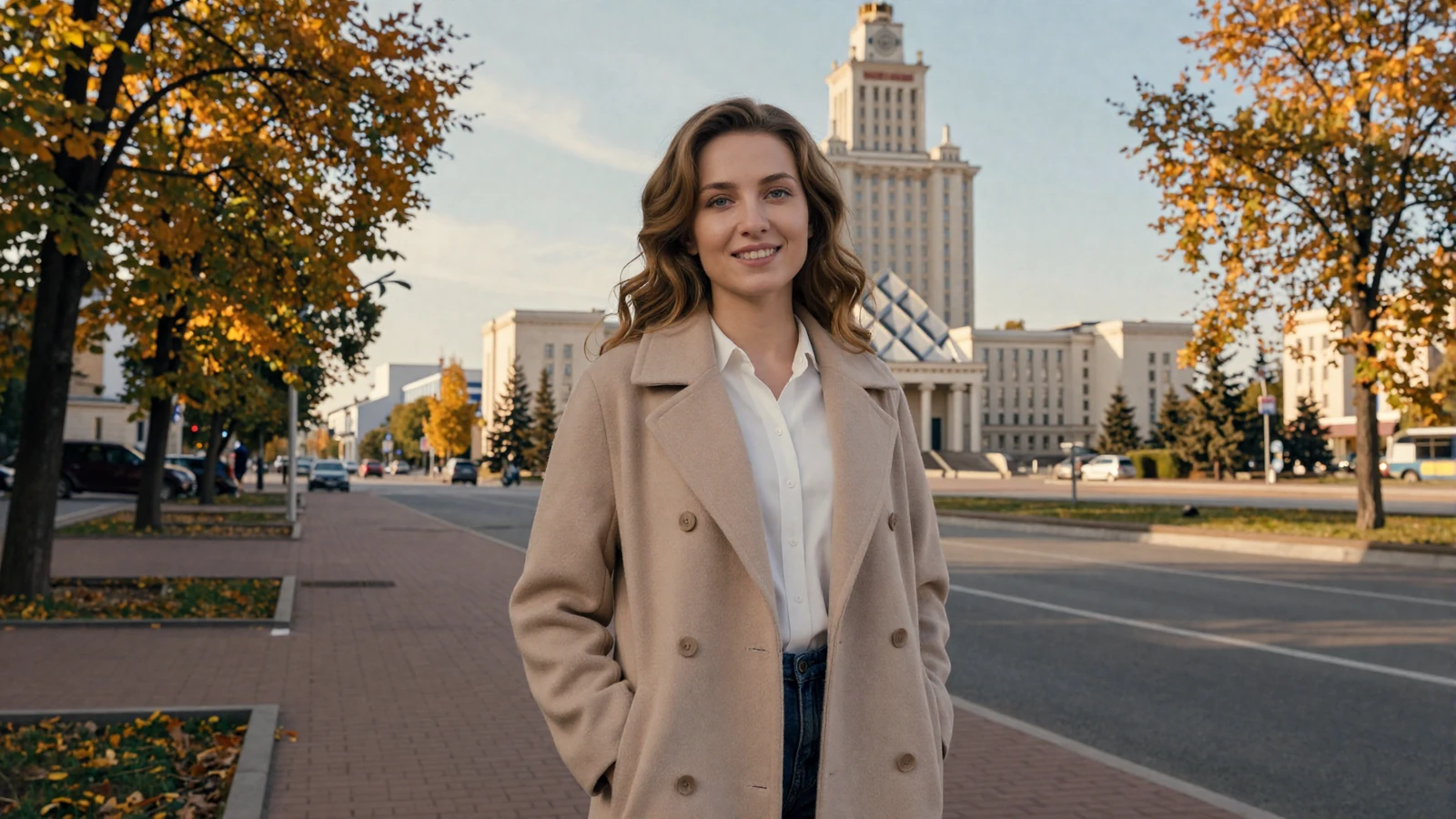 Belarusian woman in elegant autumn attire standing near the National Library in Minsk with golden hour sunlight and tree-lined boulevard