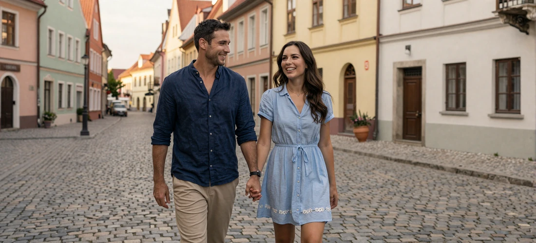 Happy American man and Slavic woman walking hand in hand through a scenic European old town square at golden hour