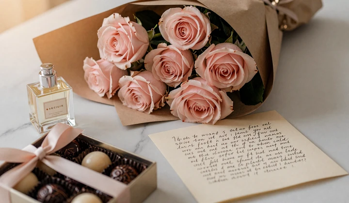 Thoughtful gift arrangement for Slavic girlfriend including pink roses, perfume, handwritten letter, and artisan chocolates