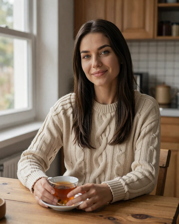 Ukrainian woman enjoying tea at a cozy kitchen table with warm natural daylight