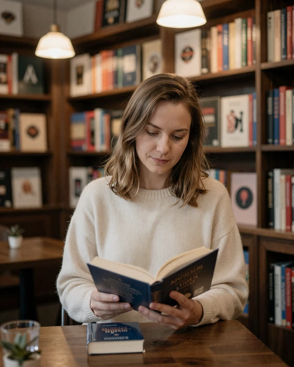 Czech woman reading a book in a traditional Prague bookshop cafe with warm lamp light and dark wood bookshelves