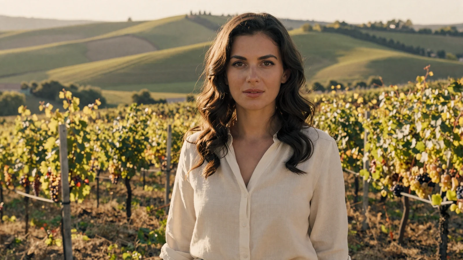 Moldovan woman standing in a sunlit vineyard near Chișinău with golden grapevines and rolling hills at golden hour