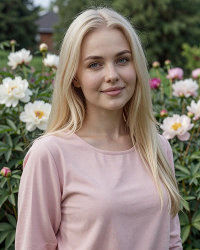 Anastasiya, 25-year-old Belarusian woman from Baranovichi with platinum blonde hair in a flower garden