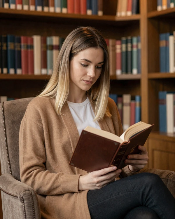 Elegant Russian woman reading a book in a warmly lit library with classic bookshelves