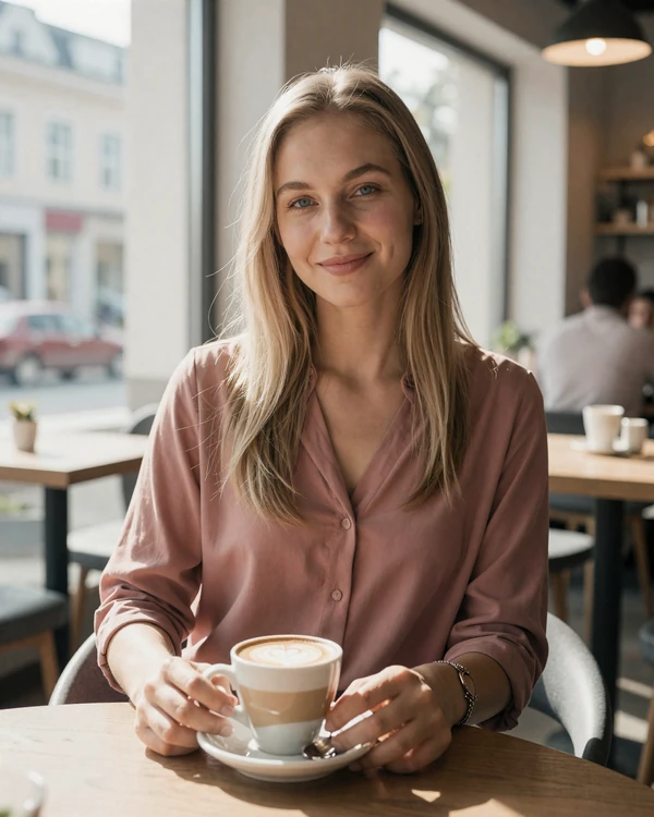 Belarusian woman enjoying a latte at a modern cafe in Minsk with warm natural daylight
