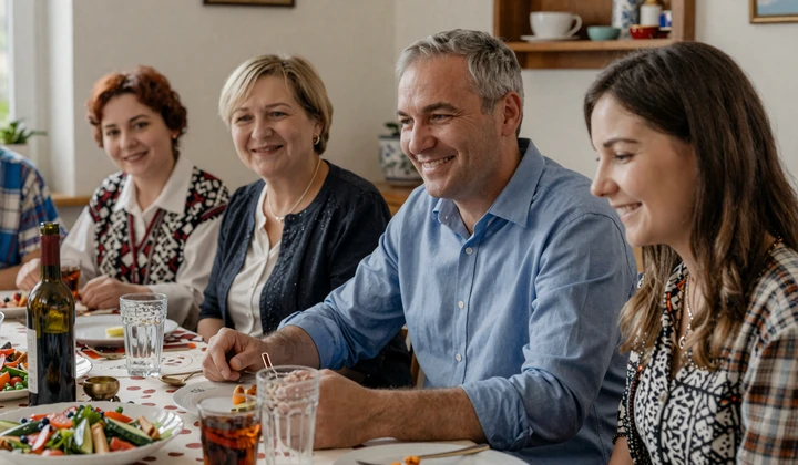 American man being warmly welcomed by his Slavic partner's family at a traditional dinner gathering