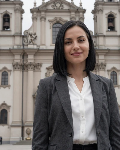 Dominika, 34-year-old Slovakian woman from Trnava with black hair standing in front of Baroque church architecture