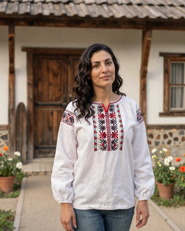 Romanian woman wearing a traditional embroidered ie blouse in a sunlit courtyard with flower garden