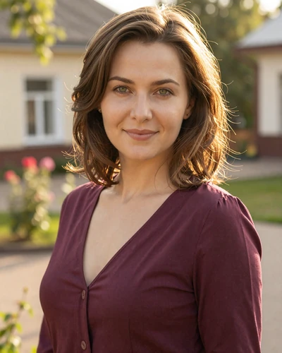 Svetlana, 36-year-old Russian woman from Rostov-on-Don with honey brown hair in a sunlit courtyard