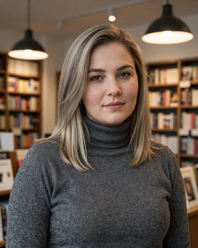 Ksenia, 33-year-old Russian woman from Novosibirsk with ash blonde hair in a cozy bookstore