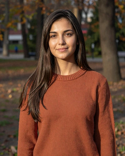 Desislava, 28-year-old Bulgarian woman from Sofia with dark brown hair smiling in an autumn park