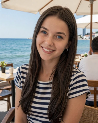 Kateryna, 25-year-old Ukrainian woman from Odesa with dark hair at a seaside cafe