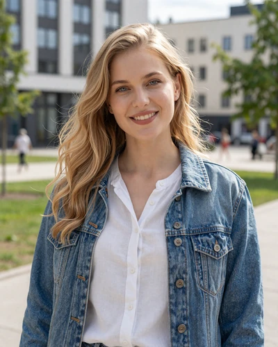 Lucie, 26-year-old Czech woman from Ostrava with honey blonde hair in a modern urban park