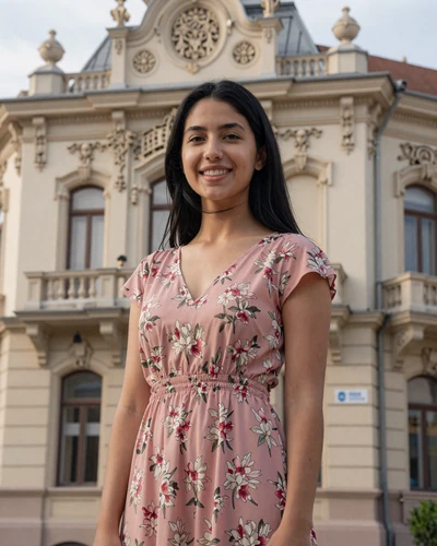 Simona, 24-year-old Romanian woman from Oradea with black hair in front of Art Nouveau architecture