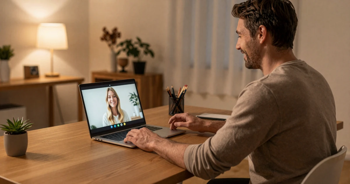 American man on a video call with a Slavic woman smiling warmly from across the world