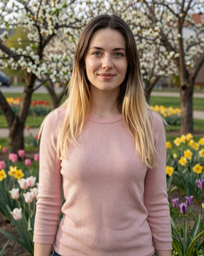 Natália, 26-year-old Slovakian woman from Nitra with dark blonde hair walking through a blooming spring garden