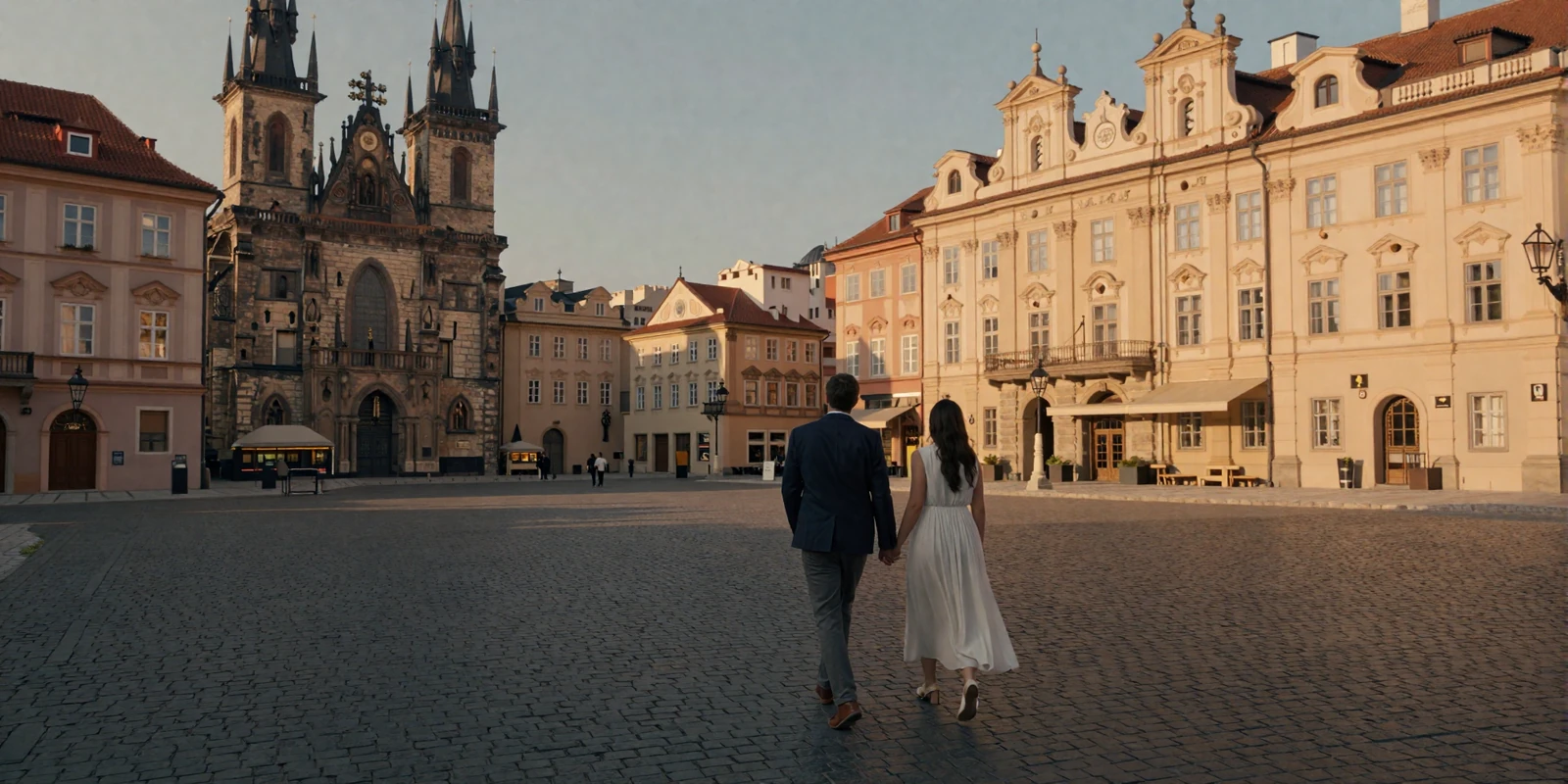Happy international couple walking through a charming European old town at sunset