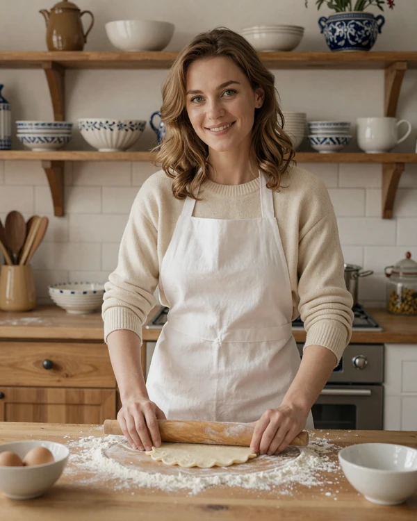 Polish woman preparing traditional pierogi in a warm kitchen with wooden shelves and ceramic dishes
