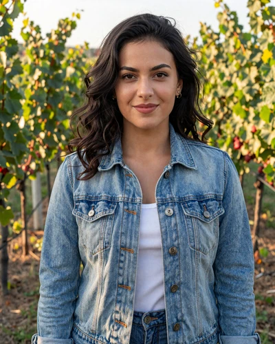 Daniela, 25-year-old Moldovan woman from Cahul with dark wavy hair in a Moldovan vineyard at golden hour