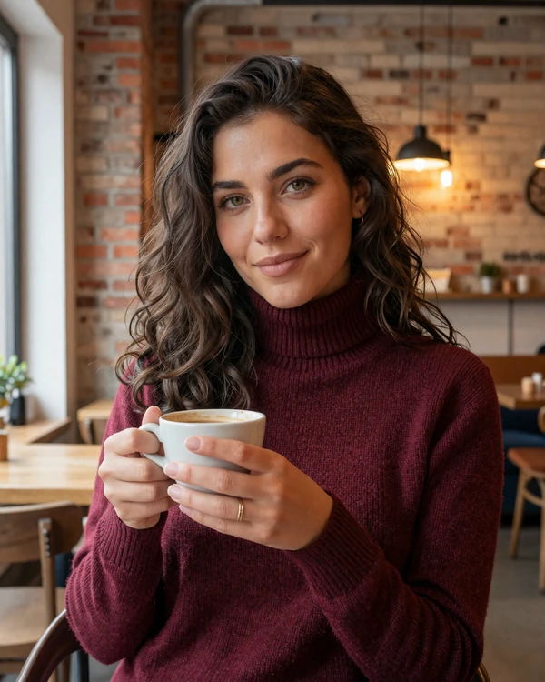 Hungarian woman enjoying coffee in a cozy Budapest cafe with exposed brick walls and warm natural light