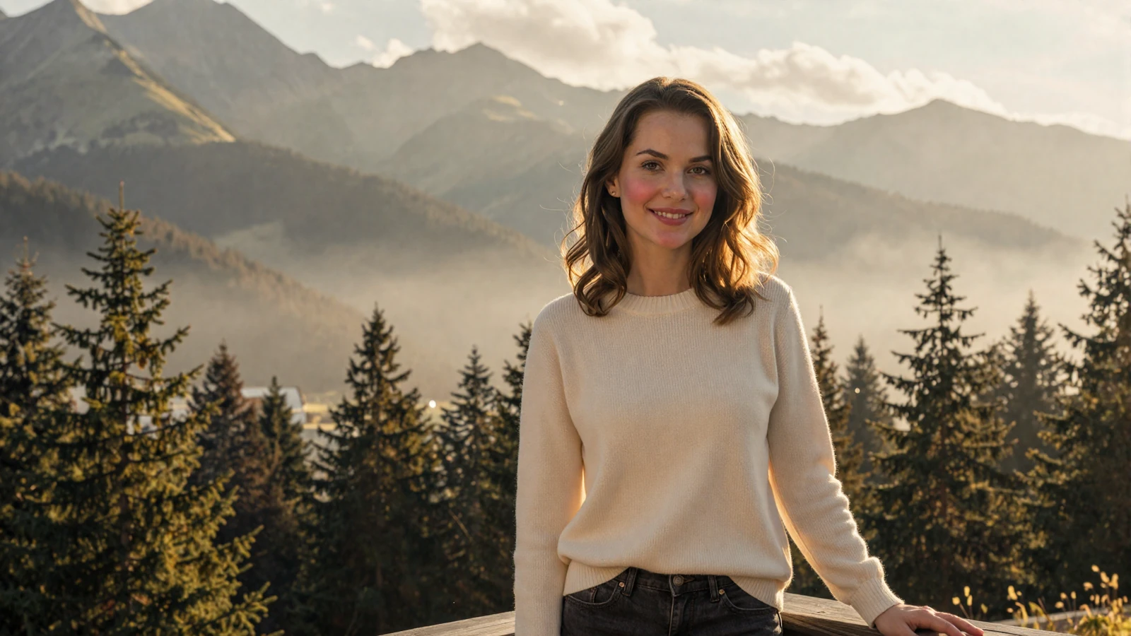 Beautiful Slovakian woman standing on a terrace overlooking the High Tatra Mountains at golden hour with warm amber sunlight