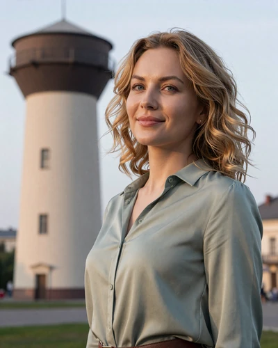 Iryna, 35-year-old Ukrainian woman from Vinnytsia with blonde wavy hair near historic landmark