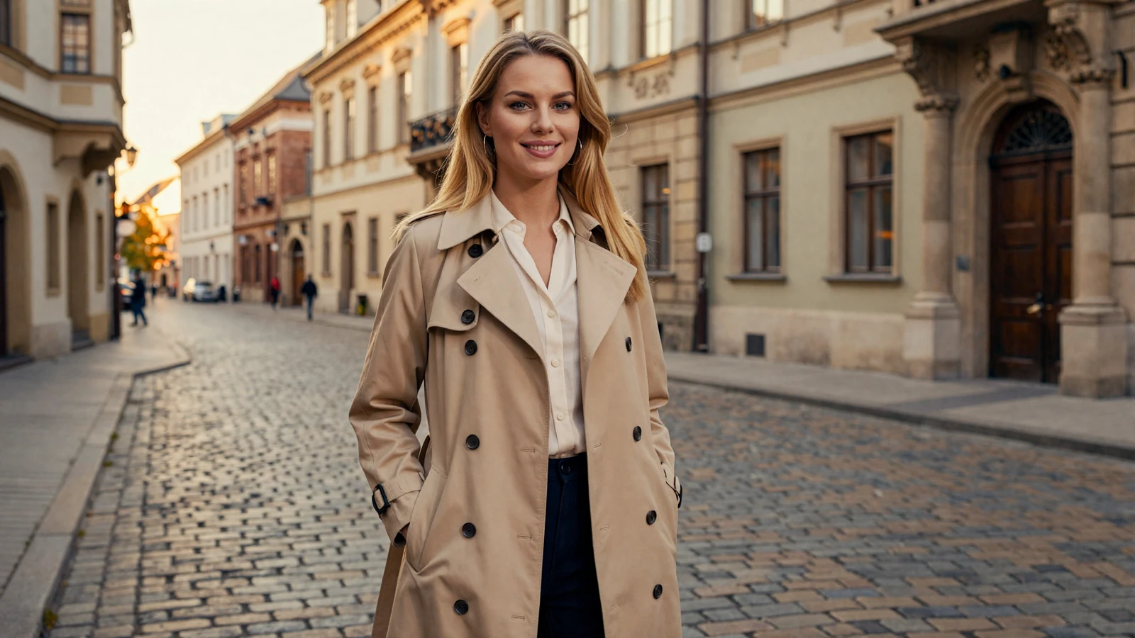 Beautiful Polish woman smiling on a historic Kraków Old Town street with Renaissance architecture at golden hour