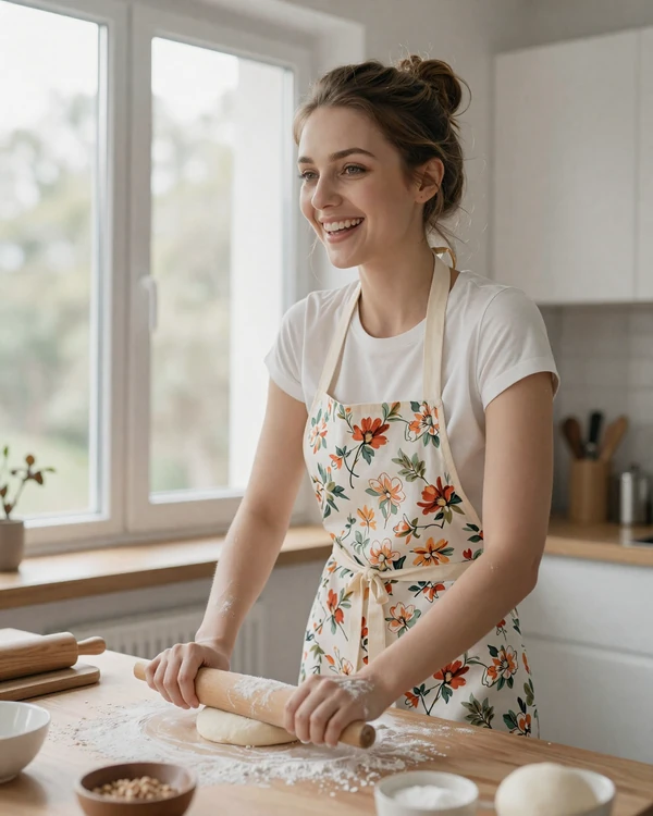 Ukrainian woman making traditional varenyky dough in a sunlit kitchen with joyful expression