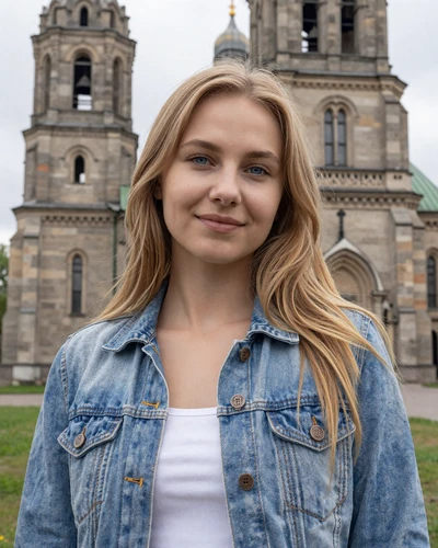 Katsiaryna, 24-year-old Belarusian woman from Grodno with honey blonde hair near an old church
