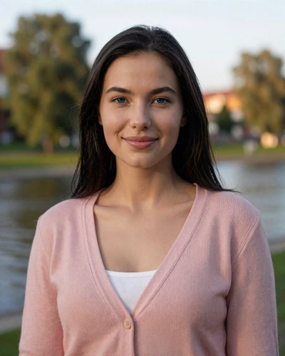 Oliwia, 24-year-old Polish woman from Szczecin with dark hair in a riverside park at golden hour