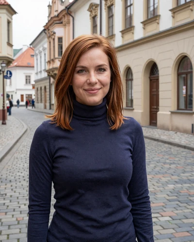 Martina, 30-year-old Slovakian woman from Košice with auburn hair on a historic cobblestone street