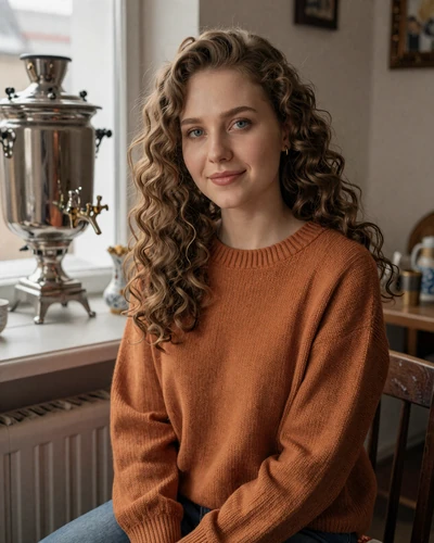 Arina, 27-year-old Russian woman from Nizhny Novgorod with curly light brown hair in a traditional tea house