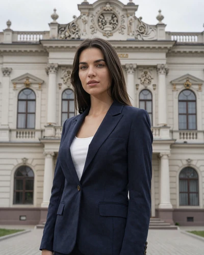 Teodora, 29-year-old Bulgarian woman from Ruse with dark brown hair in front of elegant Baroque architecture