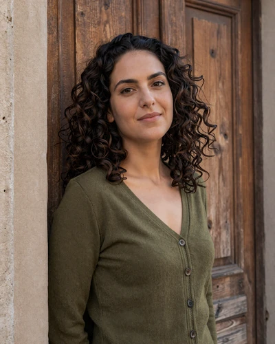 Dorina, 33-year-old Hungarian woman from Pécs with dark curly hair in an olive cardigan by a wooden door
