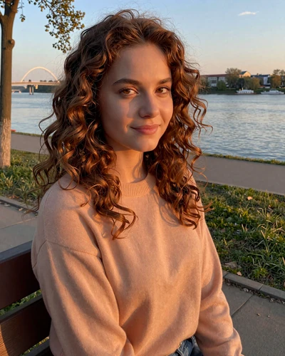 Sofiia, 28-year-old Ukrainian woman from Dnipro with curly brown hair at a riverside park