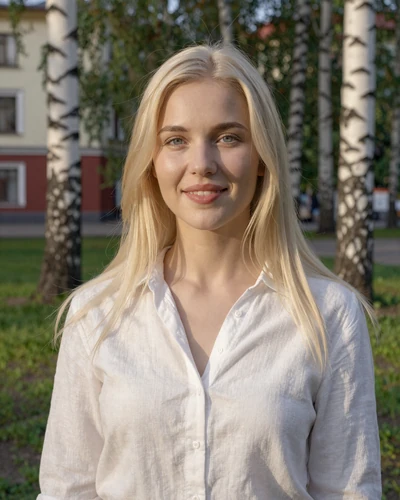 Alisa, 26-year-old Russian woman from Moscow with platinum blonde hair in a city park