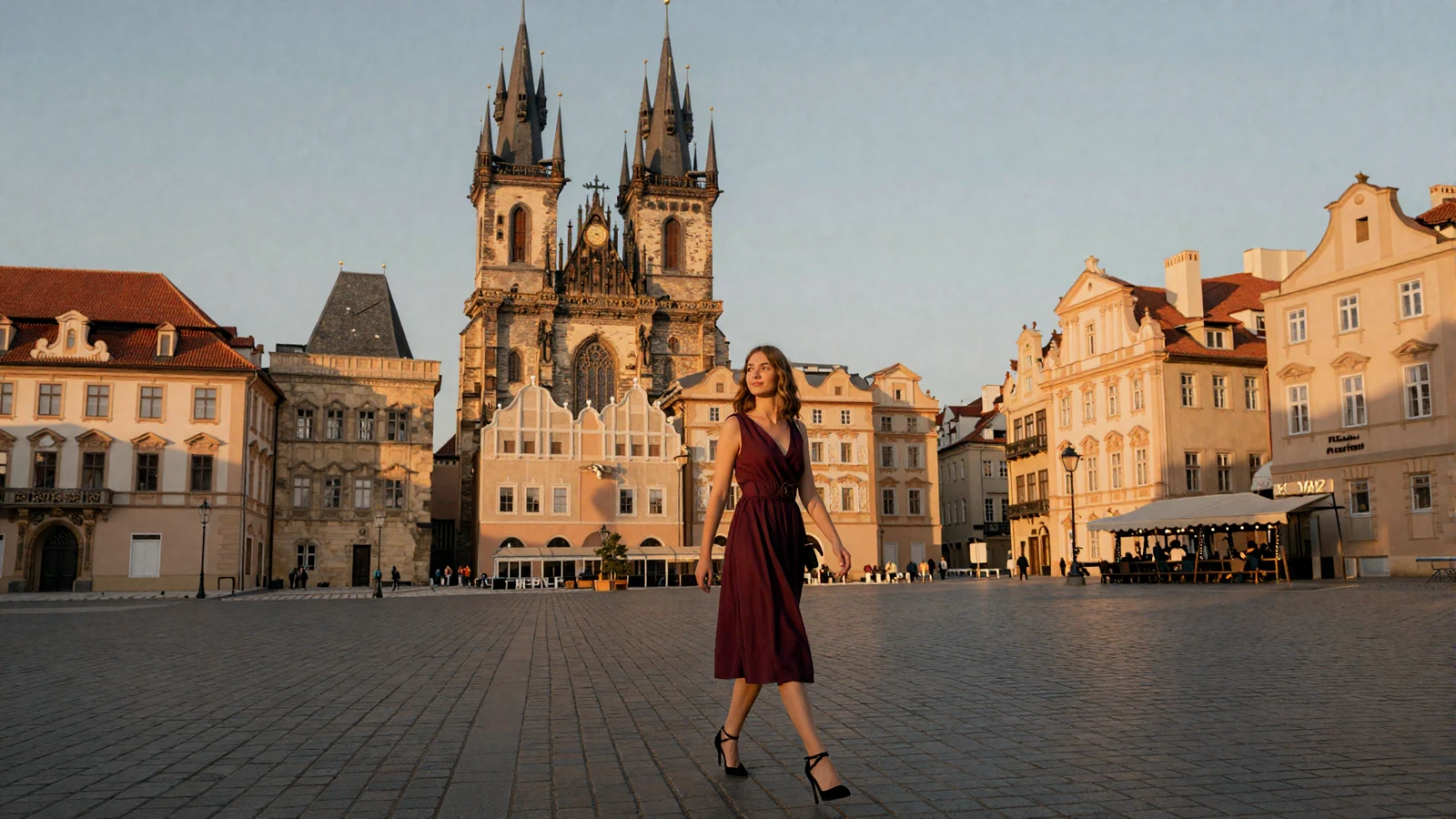Elegant Czech woman walking through Prague Old Town Square at golden hour with Tyn Church gothic towers and baroque architecture in warm amber light