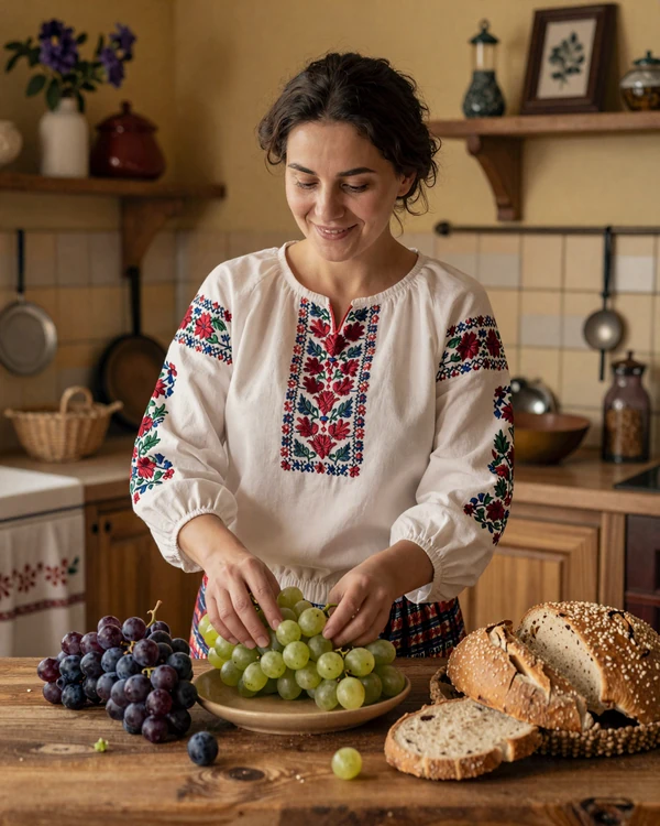 Moldovan woman in an embroidered blouse arranging fresh grapes and bread in a warm rustic kitchen