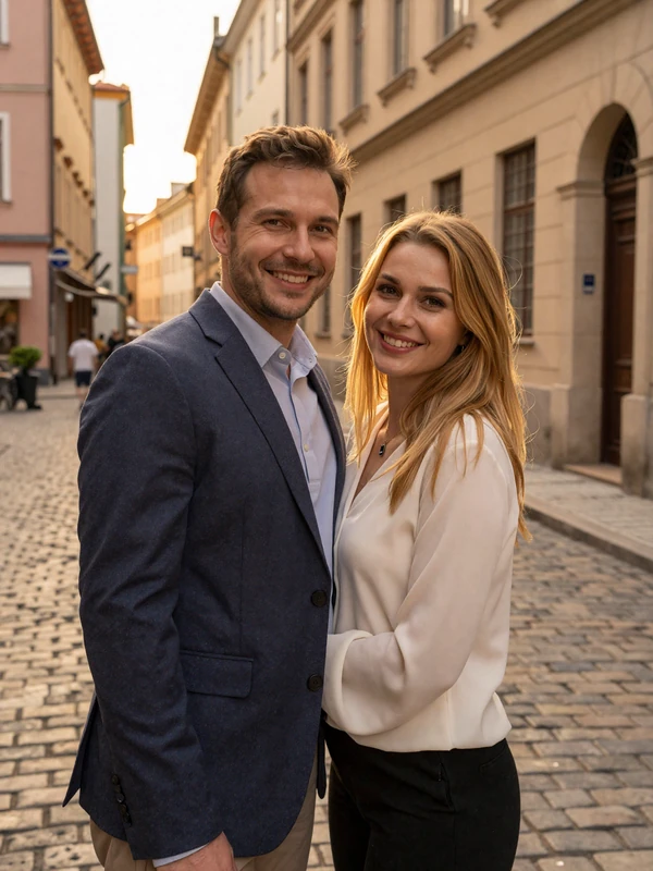 Happy American-Slavic couple on a European street at golden hour
