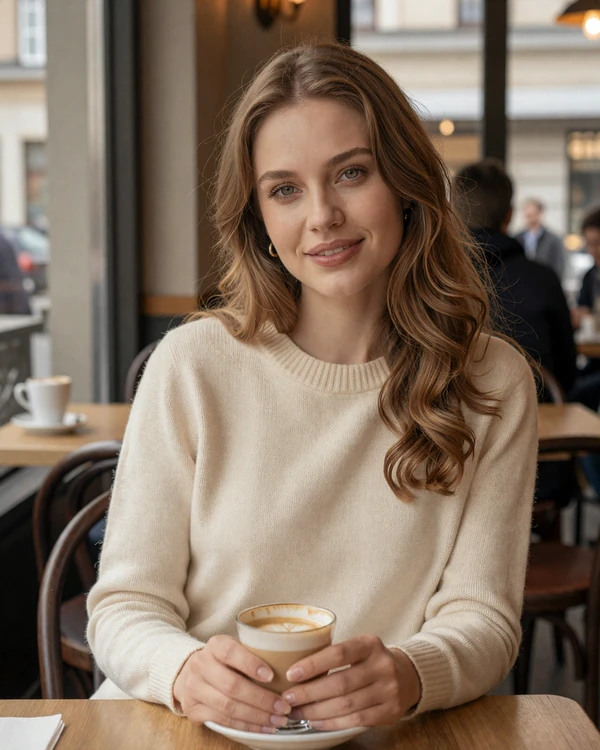 Polish woman enjoying a latte at a cozy European cafe in natural daylight