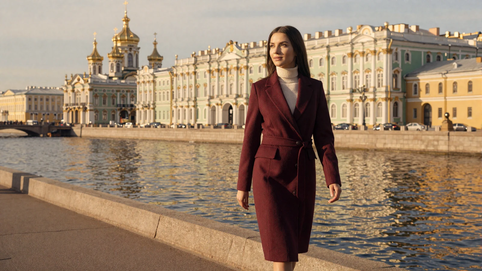 Elegant Russian woman walking along Saint Petersburg canal embankment with baroque architecture at golden hour