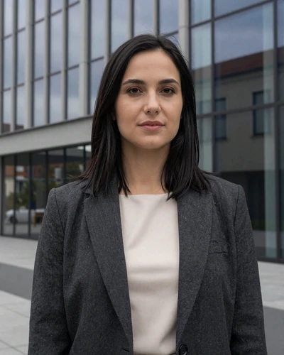 Veronika, 31-year-old Czech woman from Hradec Králové with dark hair in front of modern architecture