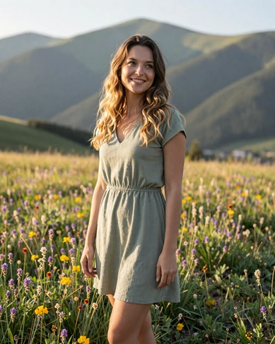Silviya, 27-year-old Bulgarian woman from Blagoevgrad with dark blonde hair in a mountain meadow
