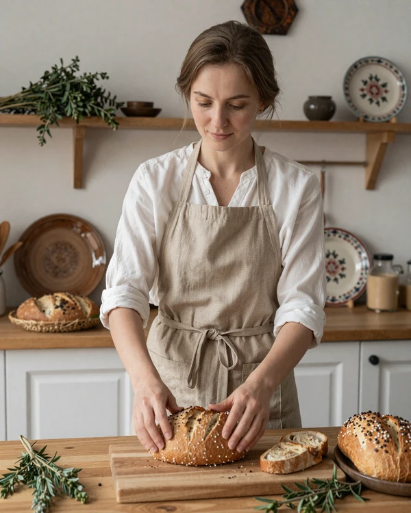Belarusian woman arranging freshly baked traditional bread in a cozy rustic kitchen with dried herbs