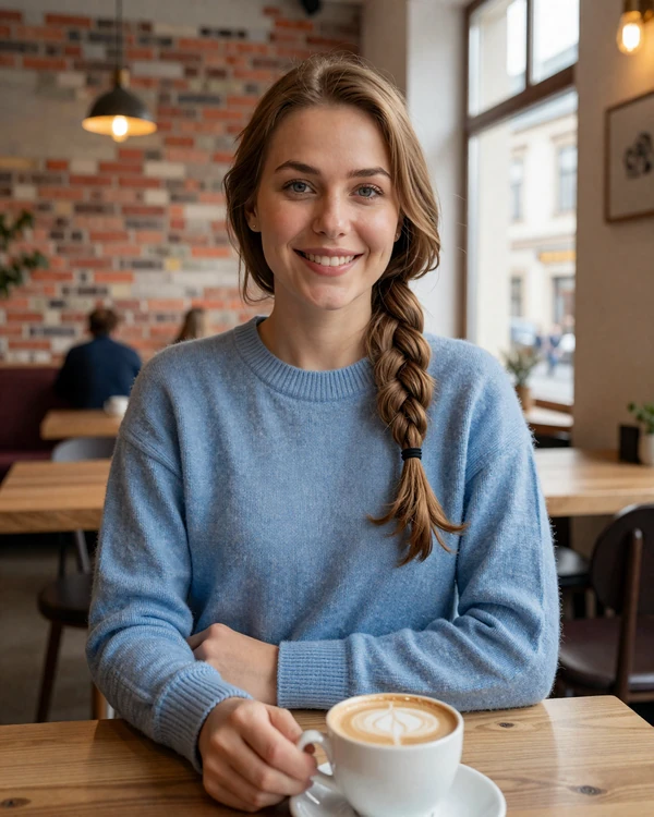 Slovakian woman enjoying coffee at a cozy European cafe in Bratislava with warm natural daylight