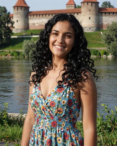 Veronica, 26-year-old Moldovan woman from Soroca with black curly hair near the Dniester River